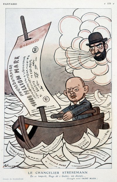 Tegnefilm om den tyske kansler Gustav Stresemann (1878-1929) og devalueringen af mærket - Illustration af Adrien Barrere (1877-1931) i "" Fantasio""" af 01/11/1923 af Adrien Barrere