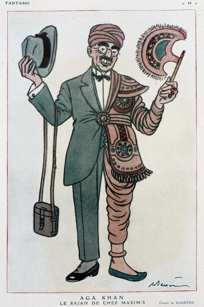Komisk tegning af Barrere på Muhammad Shah Aga Khan III af Adrien Barrere