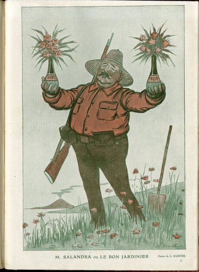 Illustration af A Barrere (1874-1931) i "" Fantasio""", 01/06/15 - Mr. Salandra or the Good Gardener - War of 14 -18, Italien, Vin, Neutralitet, Blomster, Vulkanudbrud, Formand for Rådet, Trieste - Salandra Antonio af Adrien Barrere