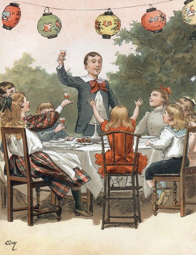 En ung dreng holder tale, børn klinker i glas, illustration af Adrien Marie i bogen Tout a la joie af Zari, Emile Guerin udgivelse 1890 af Adrien Emmanuel Marie