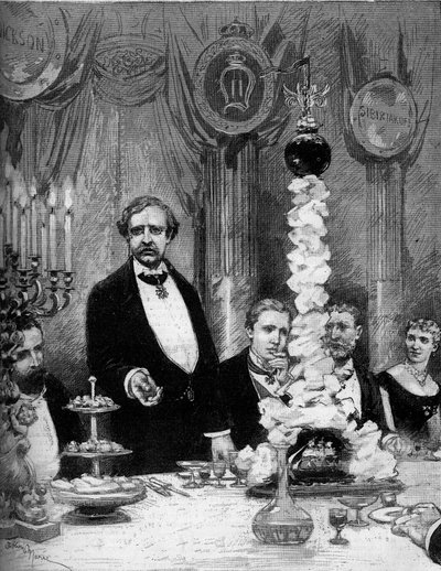 Banket givet af den skandinaviske koloni Paris til ære for opdagelsesrejsende Nils Adolf Erik (Eric) Baron Nordenskjold (Nordenskiold) (1832-1901) på Hotel Continental. Presenter er: Grev Kapnitz, Professor Nordenskjold, Prins Oscar af Sverige (1859-1953) af Adrien Emmanuel Marie