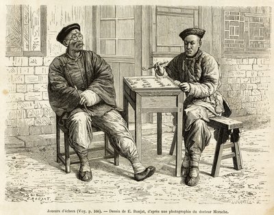 Skakspillere. Gravering efter A.Maries tegning, til illustration af rejsen til Pekin og Nordkina, af T.Choutze, i 1873, udgivet i “” Le tour du monde””” 1876, redigeret af Edouard Charton, udgave Hachette, Paris. Selva samling. af Adrien Emmanuel Marie