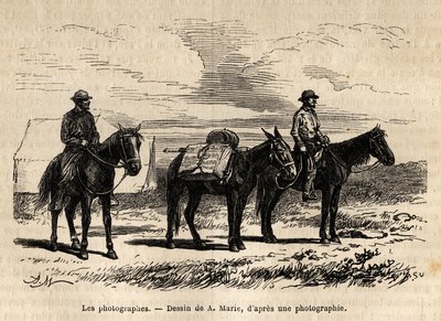 Fotografer af den amerikanske geologiske mission, til hest, omhyggeligt pakket materiale klar til en ny scene, gravering efter tegningen af A.Marie, der illustrerer et sæt geografiske missioner gennem United States National Park, fra 1870 til 1872, af Adrien Emmanuel Marie