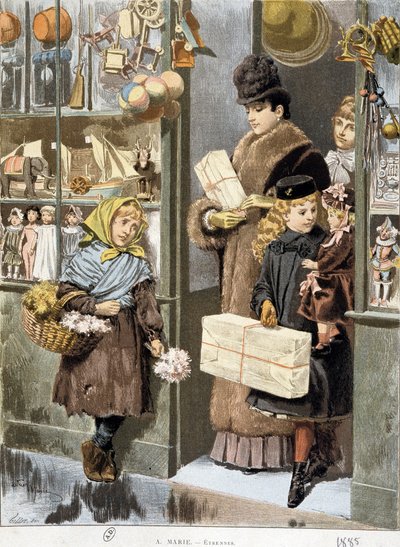 Stakkels pige sælger små buketter ved udgangen af en legetøjsbutik, hvor rige mennesker kommer ud (shopper til jul?) - tegning af Adrien Marie af Adrien Emmanuel Marie