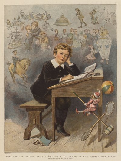 Feriebrevet fra skolen, en drengs drøm om den kommende jul (chromolitho) af Adrien Emmanuel Marie