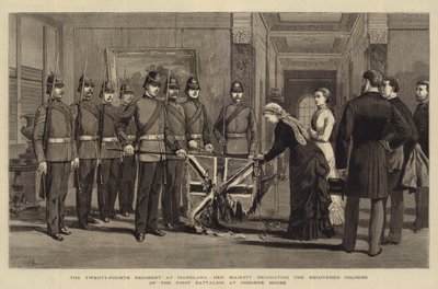 Det 24. regiment i Isandlana, Hendes Majestæt dekorerer de genvundne farver fra den første bataljon i Osborne House af Adrien Emmanuel Marie