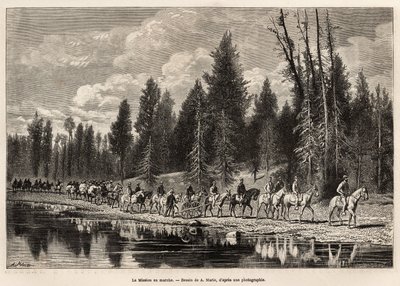 Hele den geografiske mission, på vej til Mount Hayden, langs Henri-floden, indgraveret efter A.Maries tegning, der illustrerer et sæt geografiske missioner gennem United States National Park, fra 1870 til 1872, af hr. Hayden, Doane og Langford, pu af Adrien Emmanuel Marie