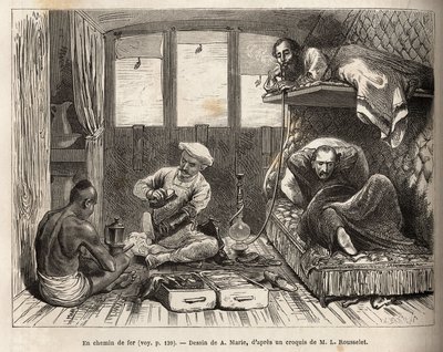 Interiøret af en East Indian Railway jernbanesengevogn, på ruten til Azimgange, i et stort rum, en aftagelig køje og et vaskerum, samt personalet i bilen, der overvåger passagerernes komfort, til rådighed for voksstøvler, forberede varm d af Adrien Emmanuel Marie