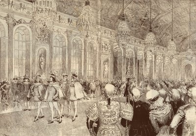 Optoget af ridderne af Helligåndsordenen (Helligånden) i isgalleriet på slottet Versailles pinsedag 1789. Tegning af Adrien Marie fra 1889. af Adrien Emmanuel Marie