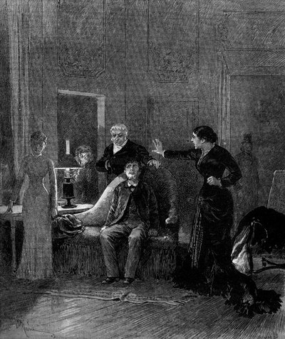 Teaterrepræsentation: 5. akt af "Jack" af Alphonse Daudet (1840-1897) og H. Lafontaine med Miss Sisos (Cecile), M. Porel (Dr. Rivals), M. Chelles (Jack), Miss Montaland (Ida de Barancy) ). Paris, teater de l