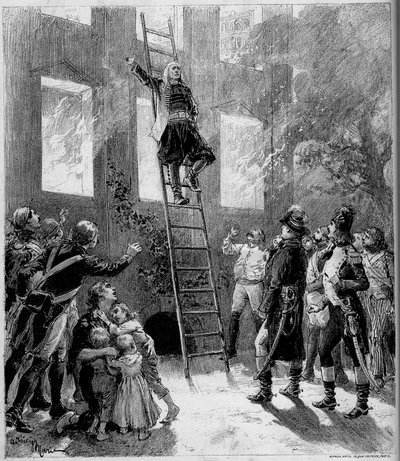 Teaterfremstilling: "" Treoghalvfems"" ("Treoghalvfems") af Paul Meurice (1818-1905) af Victor Hugo (1802-1885). Tourgues ild (10. maleri): Marquis de Lantenac, efter at have reddet livet for børnene i Flecharde, giver sig selv t. af Adrien Emmanuel Marie