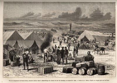 Udsigt over Black Buttes-lejren, sidste station i den røde ørken (Mojave-ørkenen) af Pacific Railway, i september 1868, gravering efter tegningen af A.Marie, der illustrerer rejsen fra Washington til San Francisco, i 1868, af L. Simonin, udgivet i af Adrien Emmanuel Marie