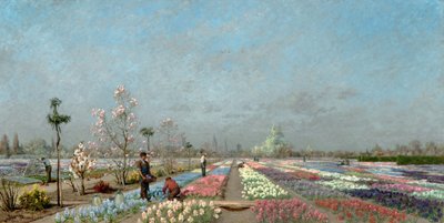 De blomstrende hyacintmarker i Van Houtte-gartneriet i Gent med udsigt til Sankt Nikolaus-kirken, Belfyren og Sankt Bavo-katedralen, 1883 af Adrien Louis Demont