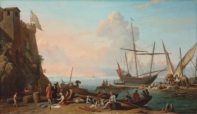 En middelhavshavn med stevedorer, der losser deres skibe, figurer, der sælger fisk i forgrunden ved en fæstning af Adrien Manglard