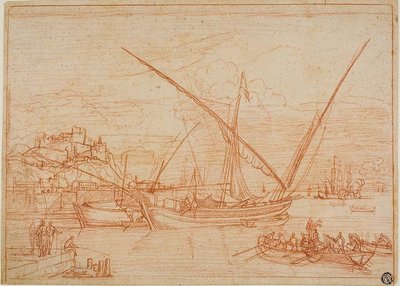 Udsigt over en havn: Skibe i en havn af Adrien Manglard