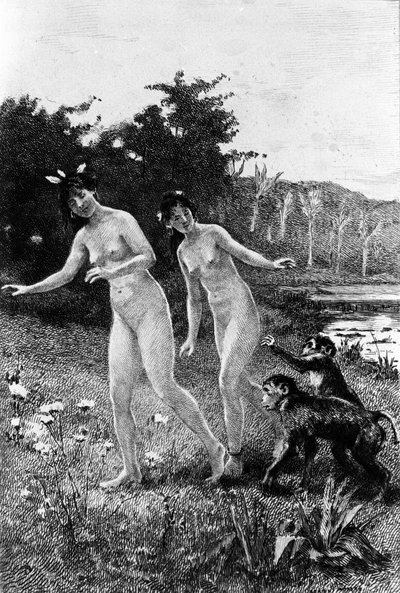 Gravering af Adrien Moreau (1843-1906), der illustrerer "" Candide"" af Francois Marie Arouet dit Voltaire (1694-1778). af Adrien Moreau