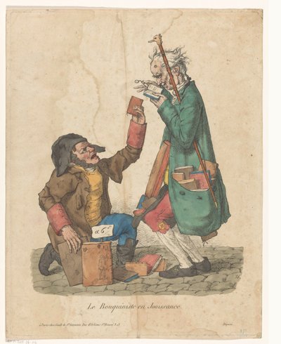 Boghandler med en kunde på gaden Le Bouquiniste en Jouissance (titel på objekt) af Adrien Victor Auger