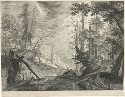 Tre jægere ved en flod i en skov Bjerglandskaber fra Tyrol (serietitel) af Egidius  Sadeler (II)