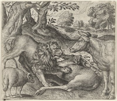 Fabel om løven, koen og fåret på jagt af Egidius  Sadeler (II)