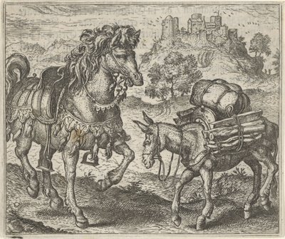 Fabel om det utilfredse æsel og krigshest af Egidius  Sadeler (II)