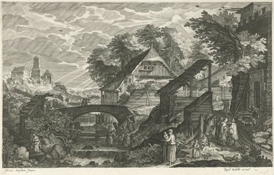 Huse ved siden af ​​en flod Otte landskaber i Bøhmen (serietitel) af Egidius  Sadeler (II)