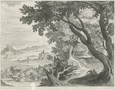 Landskab med to figurer under et træ af Egidius  Sadeler (II)