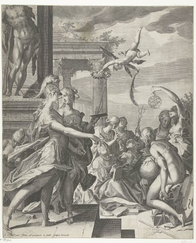 Minerva ledsager maleriet til dets plads med videnskaberne af Egidius  Sadeler (II)