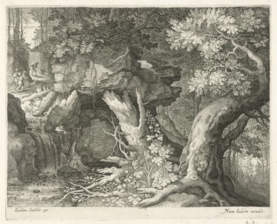 Rejsende over et vandfald Seks landskaber (serietitel) af Egidius  Sadeler (II)