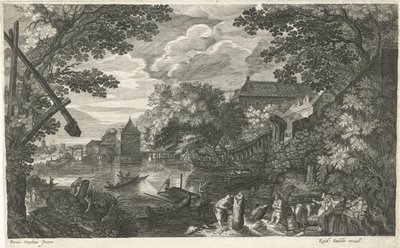 Flodlandskab med fiskere og håndværkere Otte landskaber i Bøhmen (serietitel) af Egidius  Sadeler (II)