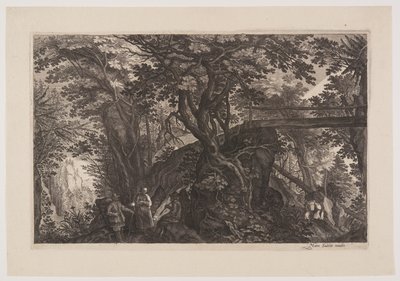 En skov med en træbro til højre, fra Otte scener fra Bøhmen af Aegidius Sadeler II