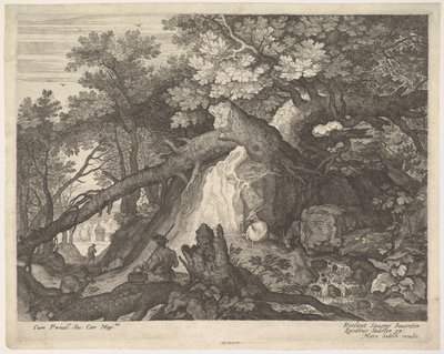 En mand, der holder en stav og sidder på en træstamme, med to geder til hver side, surro..., ca. 1600. af Aegidius Sadeler II
