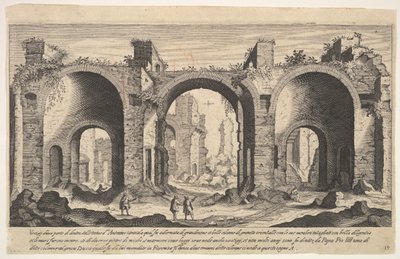 Tavle 19: udsigt over Caracalla-badene, der med indskrevet bogstav A angiver stederne ..., 1606. af Aegidius Sadeler II