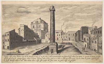 Plade 31: billede af Trajans søjle, vist med dens piedestal gravet ud fra jorden, su..., 1606. af Aegidius Sadeler II