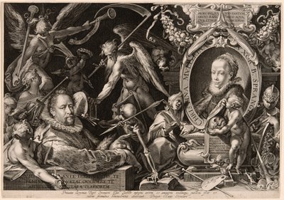 Portræt af Bartolomaeus Spranger med en allegori over hans hustrus død, Christina Müller af Aegidius Sadeler II