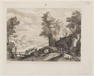 Flodlandskab med en stenbro og en træbro af Aegidius Sadeler II