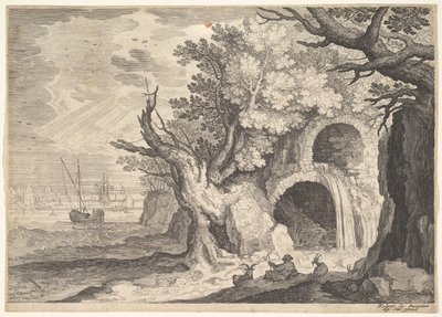 Ødelagt akvædukt med vand, der løber fra den til et vandløb nedenfor, skibe til søs hinsides, en ..., ca. 1600. af Aegidius Sadeler II