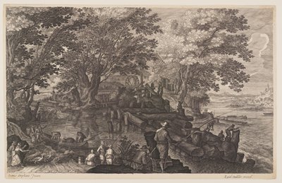 Scene 1: Vandmølle på en ø i en flod med mænd, der fisker, fra Otte scener fra Bøhmen af Aegidius Sadeler II