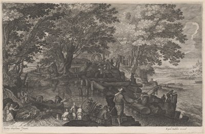 Fiskere ved en ø-vandmølle af Aegidius Sadeler II after Pieter Stevens