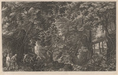 Jægere i en skov nær en træbro af Aegidius Sadeler II after Pieter Stevens