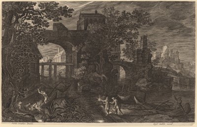 Natligt landskab med flodfiskere uden for bymurene af Aegidius Sadeler II after Pieter Stevens