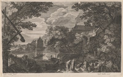 Flodlandskab med fiskere ved en befæstet by af Aegidius Sadeler II after Pieter Stevens