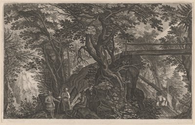 Rejsende hviler i en bjergskov ved en bjælkebro af Aegidius Sadeler II after Pieter Stevens