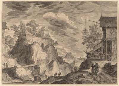 Landskab med en kro til højre og House on Rocks til venstre af Aegidius Sadeler II after Roelandt Savery