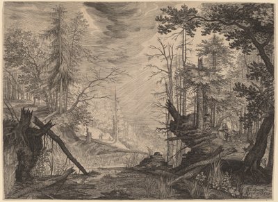 Tre jægere og to hunde nær en pool af Aegidius Sadeler II after Roelandt Savery