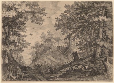 Skovscene med to jægere og en hund til venstre af Aegidius Sadeler II after Roelandt Savery