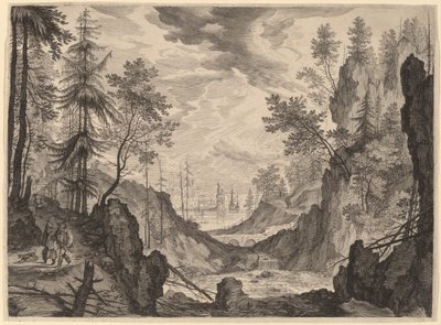 Skovscene med et vandfald af Aegidius Sadeler II after Roelandt Savery