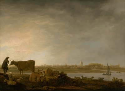 Udsigt over Vianen med en Hyrde og Kvæg ved en Flod, ca. 164345. af Aelbert Cuyp
