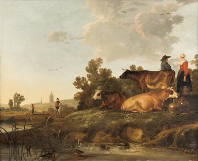 En kvægdriver og en malkepige står ved siden af kvæg, med udsigt til en by i det fjerne af Aelbert Cuyp