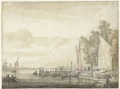 Både ved en anløbsbro i en flod af Aelbert Cuyp