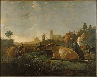 Mælkepige og kvæg nær Dordrecht ... (maleri på lærred) af Aelbert Cuyp